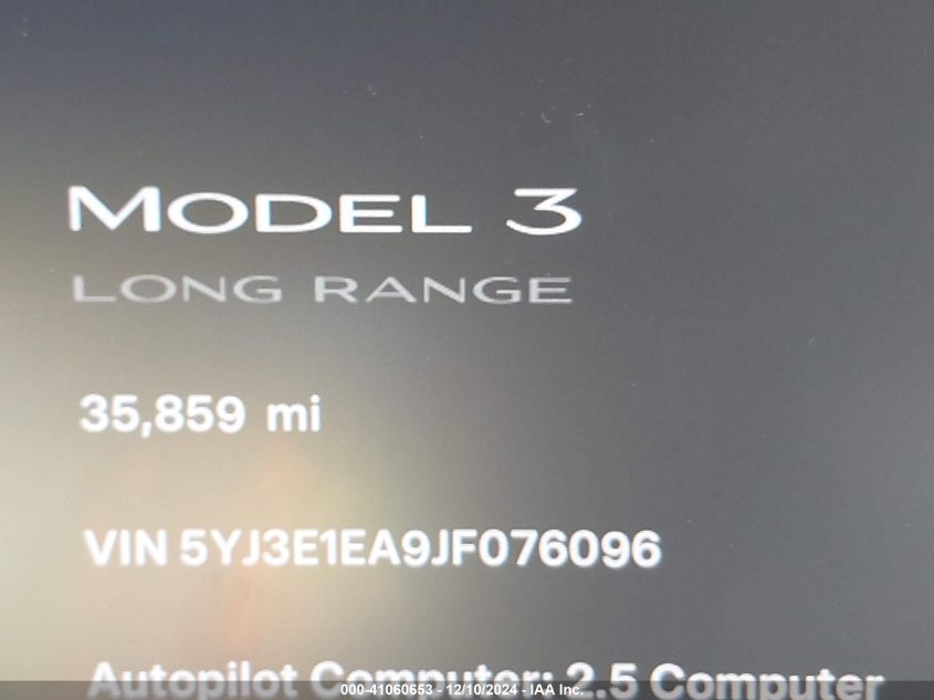 2018 Tesla Model 3 Long Range/Mid Range VIN: 5YJ3E1EA9JF076096 Lot: 41060653