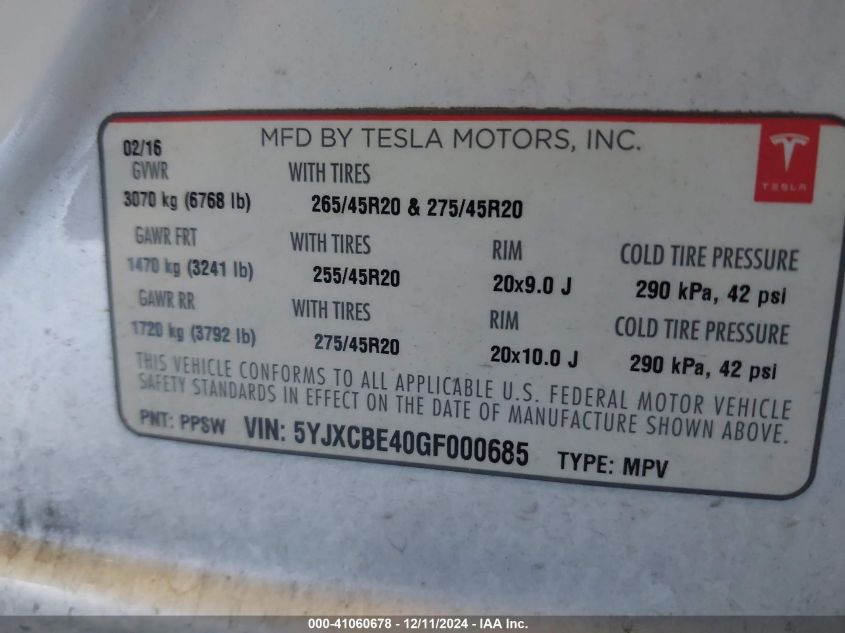 2016 Tesla Model X 75D/P100D/P90D VIN: 5YJXCBE40GF000685 Lot: 41060678