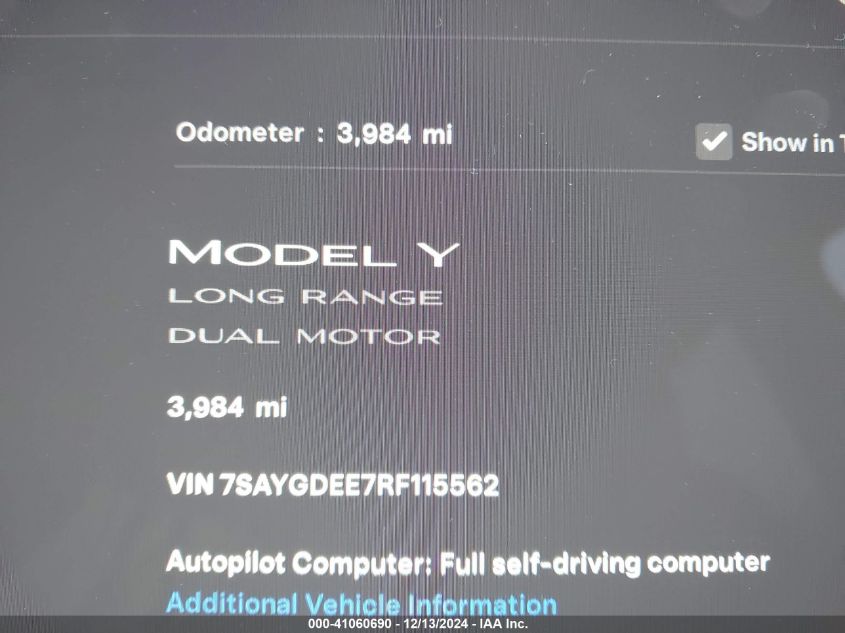 2024 Tesla Model Y Long Range Dual Motor All-Wheel Drive VIN: 7SAYGDEE7RF115562 Lot: 41060690