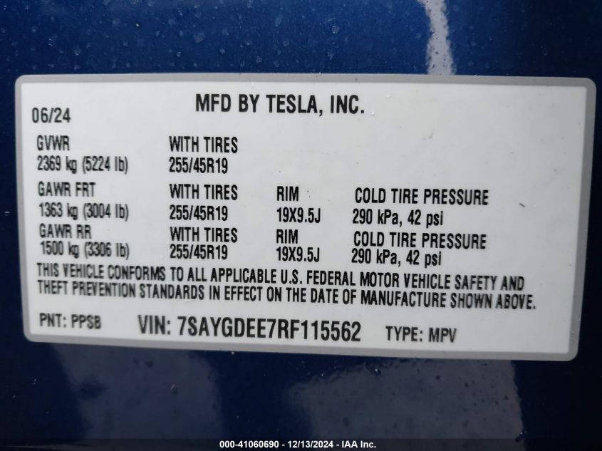 2024 Tesla Model Y Long Range Dual Motor All-Wheel Drive VIN: 7SAYGDEE7RF115562 Lot: 41060690