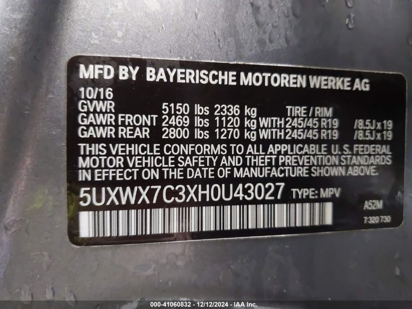 VIN 5UXWX7C3XH0U43027 2017 BMW X3, Xdrive35I no.9