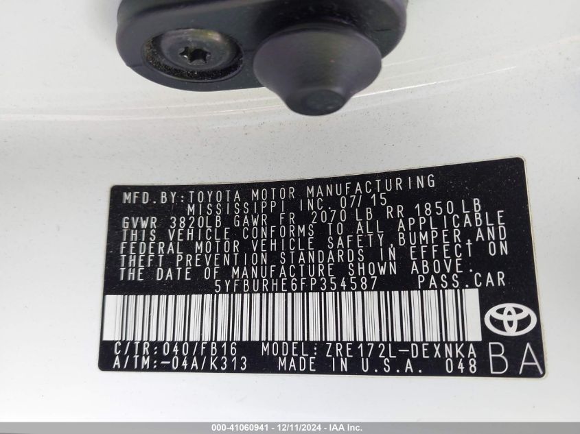 2015 Toyota Corolla Le VIN: 5YFBURHE6FP354587 Lot: 41060941