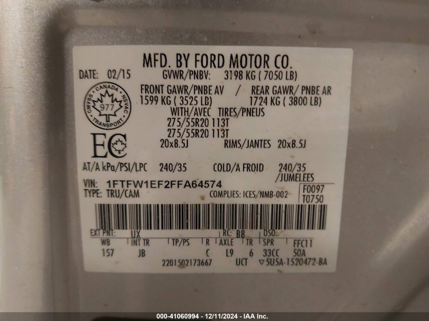 VIN 1FTFW1EF2FFA64574 2015 FORD F-150 no.9