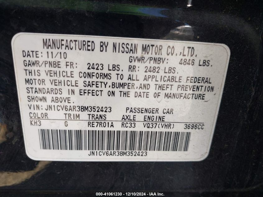2011 Infiniti G37X VIN: JN1CV6AR3BM352423 Lot: 41061230