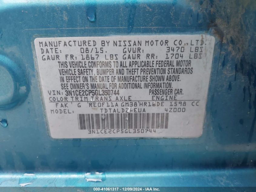 VIN 3N1CE2CP5GL350744 2016 Nissan Versa, Note S (sr... no.9