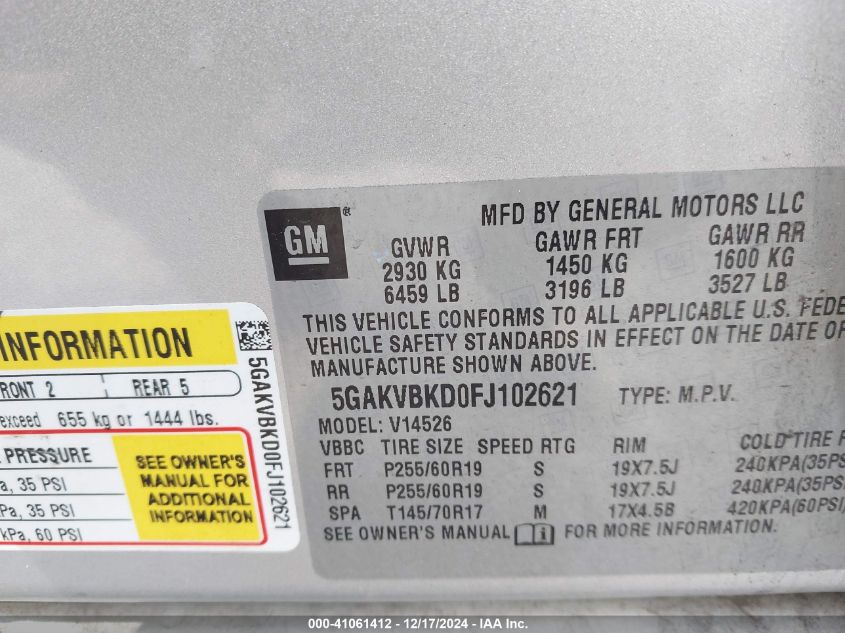 VIN 5GAKVBKD0FJ102621 2015 BUICK ENCLAVE no.9