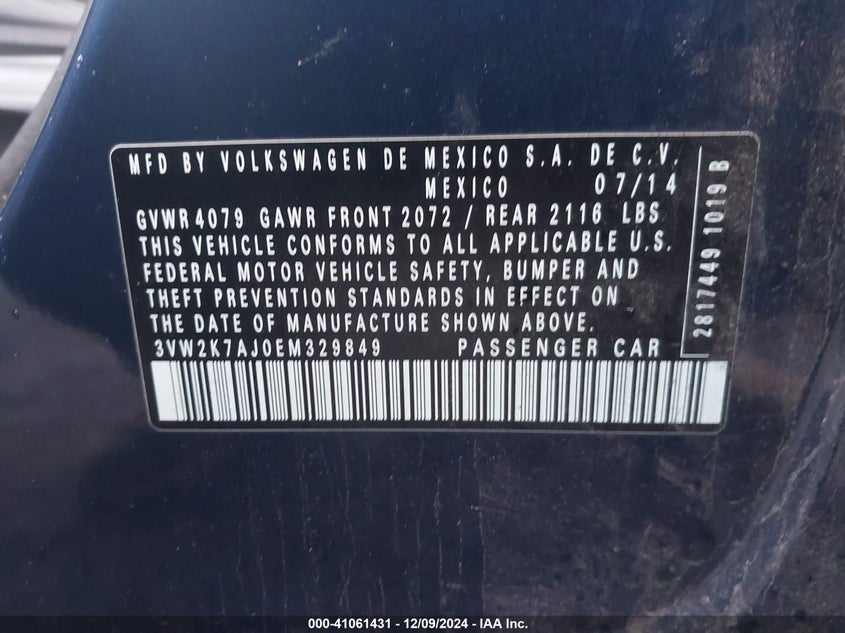 2014 VOLKSWAGEN JETTA VIN: 3VW2K7AJ0EM329849
