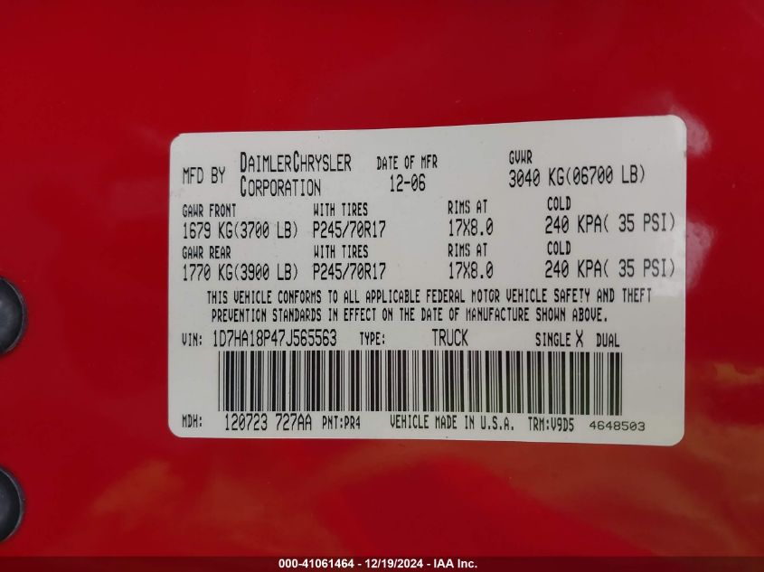 2007 Dodge Ram 1500 Slt VIN: 1D7HA18P47J565563 Lot: 41061464