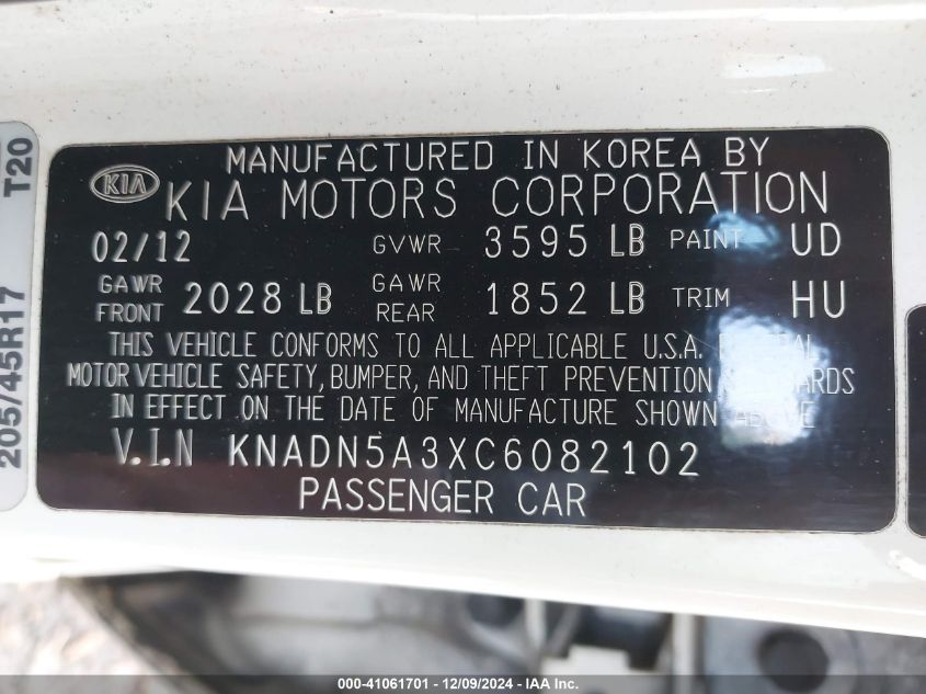 2012 Kia Rio5 Sx VIN: KNADN5A3XC6082102 Lot: 41061701