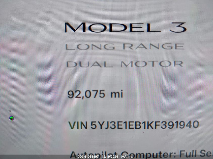 2019 Tesla Model 3 Long Range/Performance VIN: 5YJ3E1EB1KF391940 Lot: 41061997