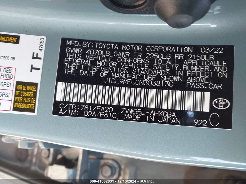 VIN JTDL9MFU0N3038130 2022 Toyota Prius, Xle Awd-E no.9