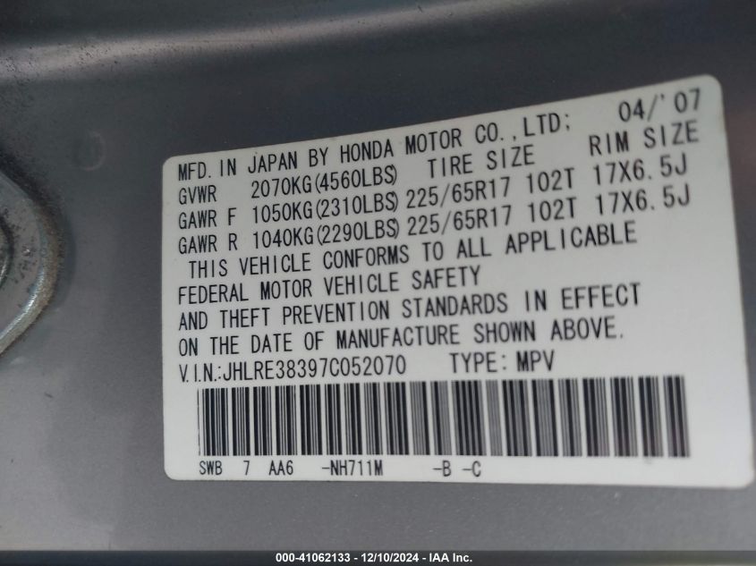 2007 Honda Cr-V Lx VIN: JHLRE38397C052070 Lot: 41062133