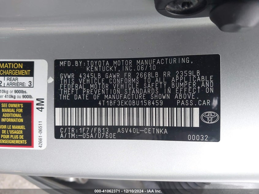 2011 TOYOTA CAMRY VIN: 4T1BF3EK0BU158459