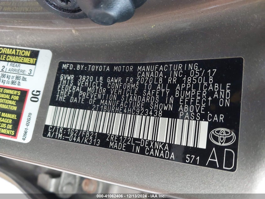 2017 TOYOTA COROLLA L/LE/XLE/SE/XSE - 2T1BURHE4HC923438