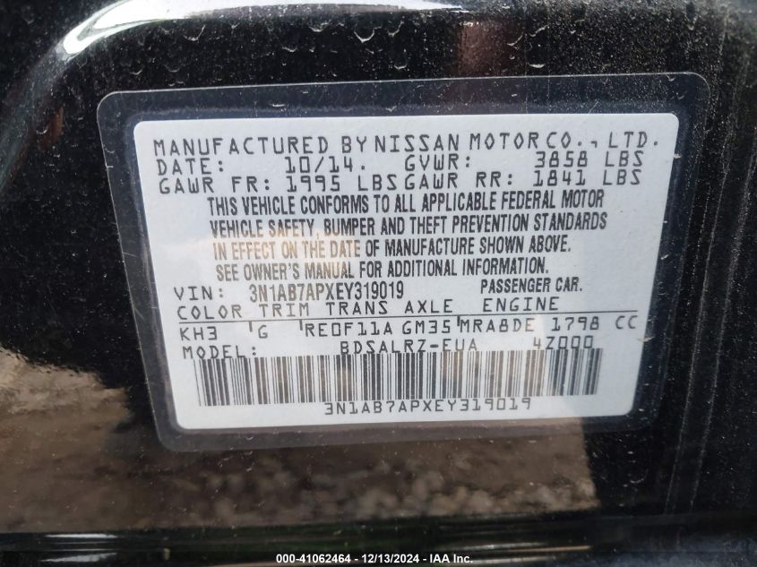 VIN 3N1AB7APXEY319019 2014 Nissan Sentra, SR no.9