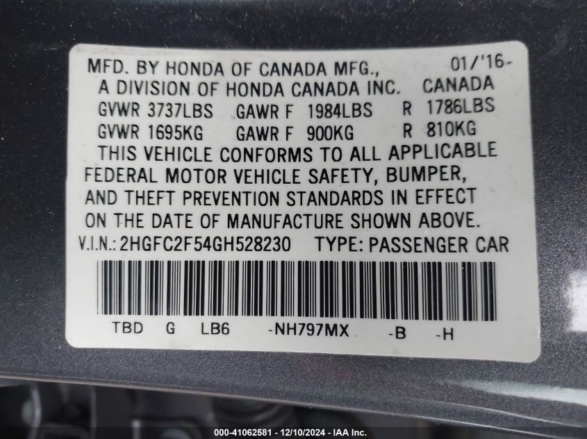 VIN 2HGFC2F54GH528230 2016 HONDA CIVIC no.9