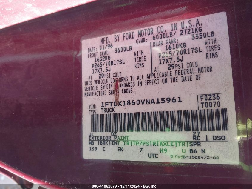 1997 Ford F-150 Lariat/Xl/Xlt VIN: 1FTDX1860VNA15961 Lot: 43345933