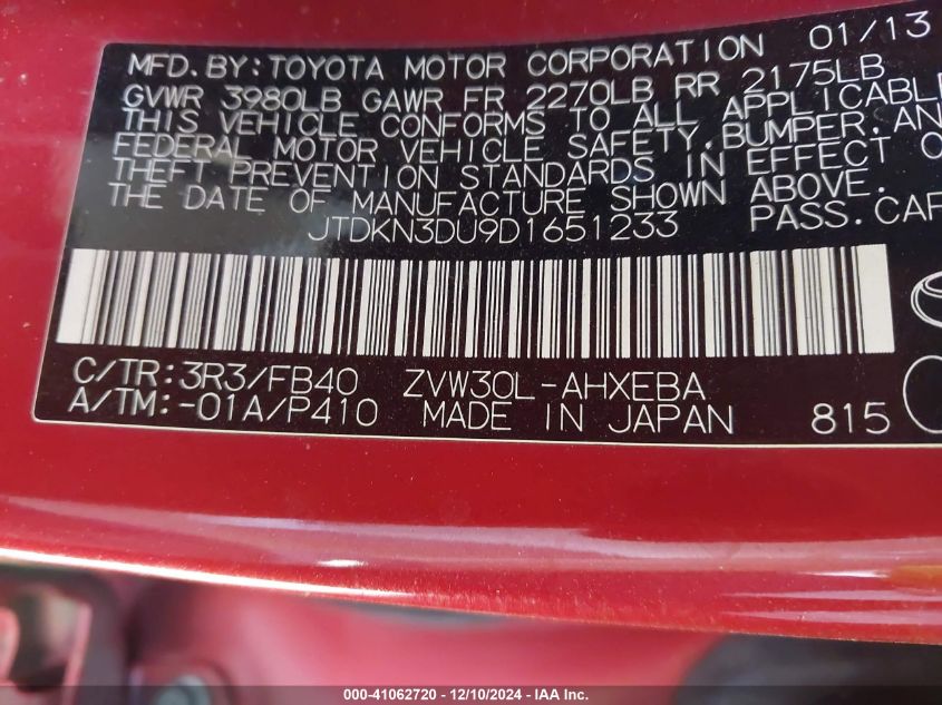 VIN JTDKN3DU9D1651233 2013 Toyota Prius, Two no.9