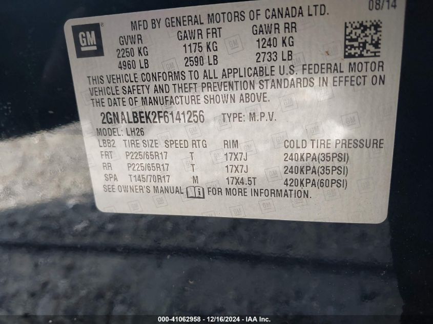 2015 Chevrolet Equinox 1Lt VIN: 2GNALBEK2F6141256 Lot: 41062958