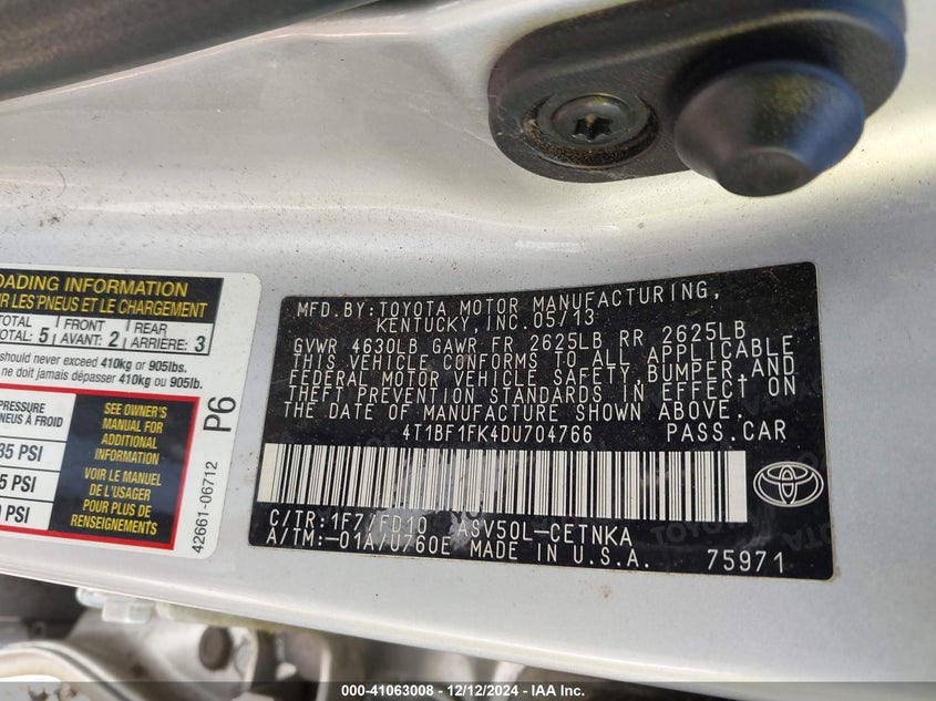 2013 TOYOTA CAMRY VIN: 4T1BF1FK4DU704766