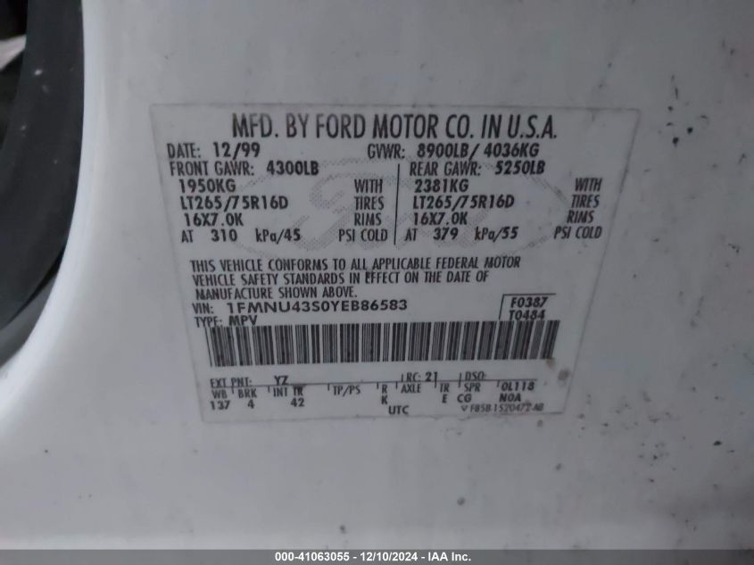 2000 Ford Excursion Limited VIN: 1FMNU43S0YEB86583 Lot: 41063055