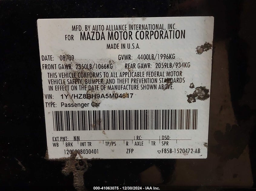2010 MAZDA MAZDA 6 VIN: 1YVHZ8BH9A5M04617