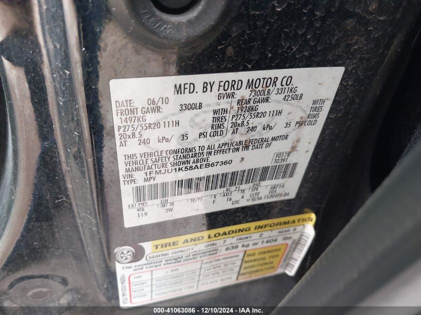 2010 Ford Expedition Limited VIN: 1FMJU1K58AEB67360 Lot: 41063086