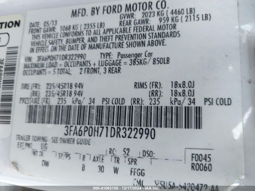 2013 FORD FUSION SE - 3FA6P0H71DR322990