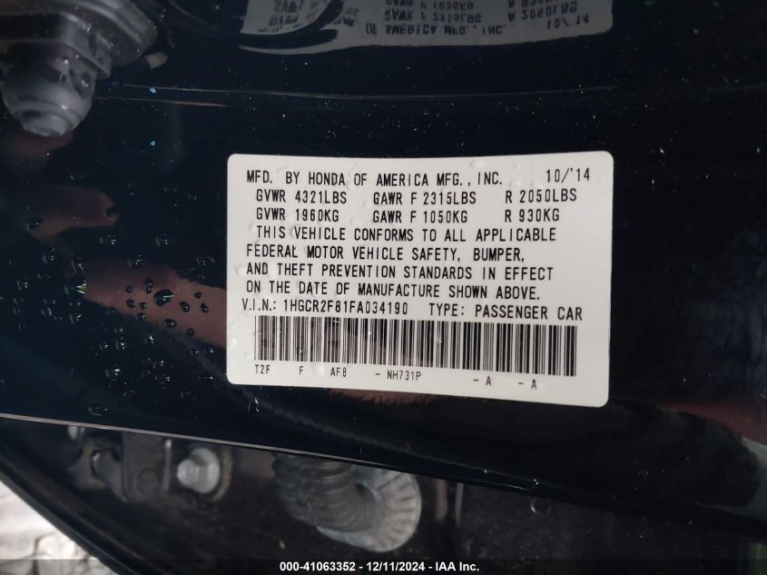 VIN 1HGCR2F81FA034190 2015 Honda Accord, Ex-L no.9