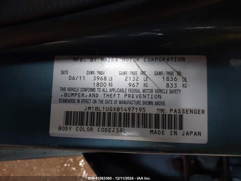 2011 MAZDA MAZDA3 VIN: JM1BL1UGXB1497195