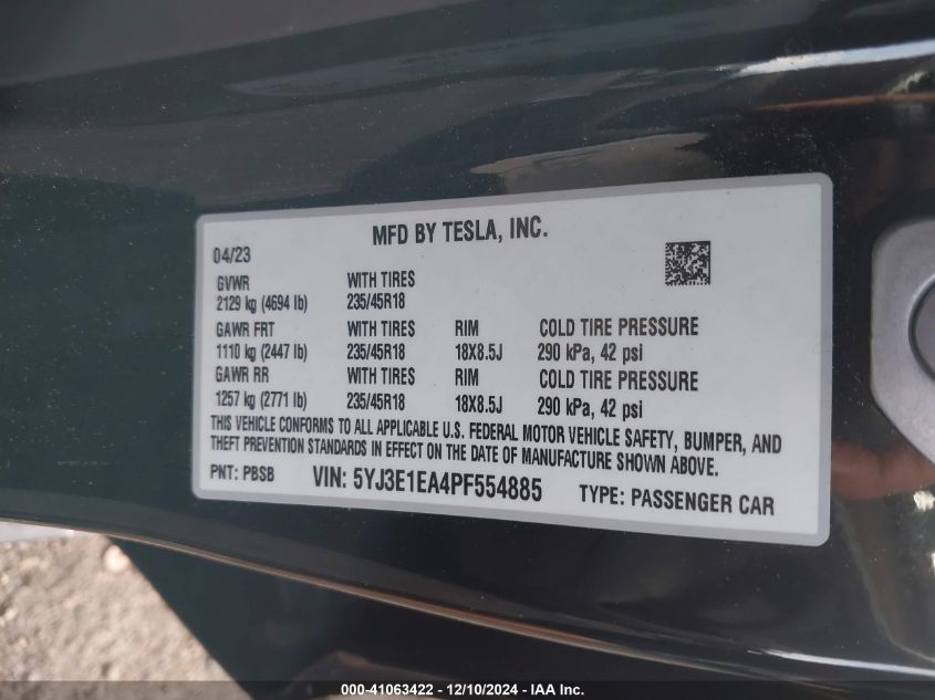 2023 Tesla Model 3 Rear-Wheel Drive VIN: 5YJ3E1EA4PF554885 Lot: 41063422