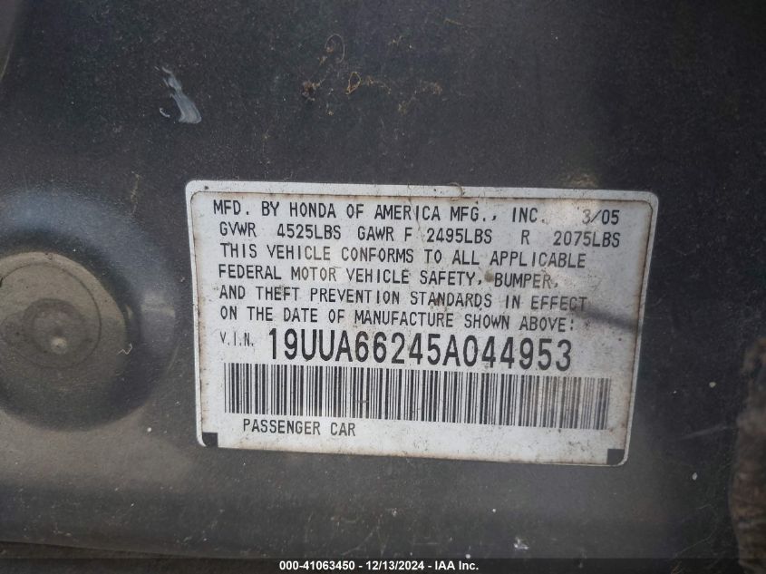 2005 Acura Tl VIN: 19UUA6624SA044953 Lot: 41063450