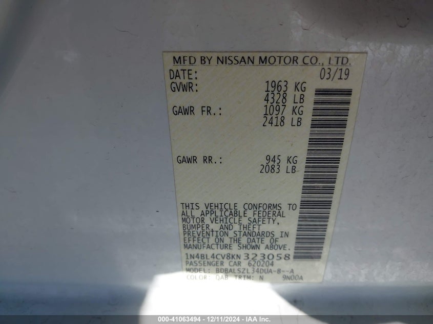 2019 NISSAN ALTIMA VIN: 1N4BL4CV8KN323058
