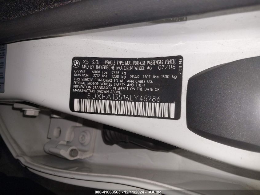 2006 BMW X5 3.0I VIN: 5UXFA13516LY45286 Lot: 41063563