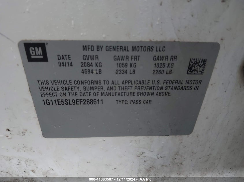 2014 CHEVROLET MALIBU VIN: 1G11E5SL9EF288611