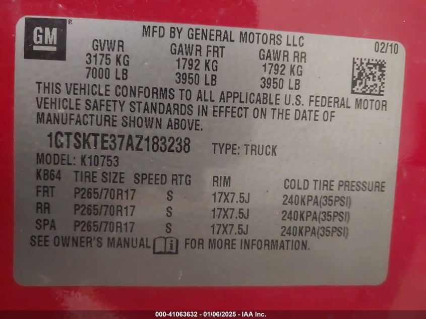 2010 GMC SIERRA VIN: 1GTSKTE37AZ183238