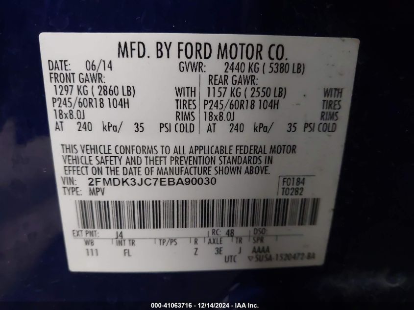 VIN 2FMDK3JC7EBA90030 2014 Ford Edge, Sel no.9