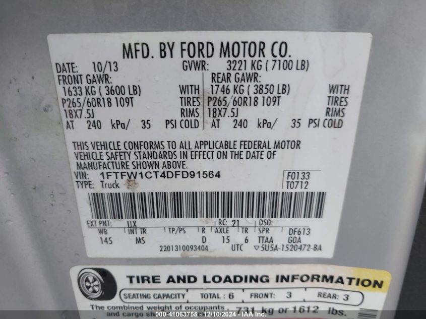 2013 Ford F-150 Xlt VIN: 1FTFW1CT4DFD91564 Lot: 41063755