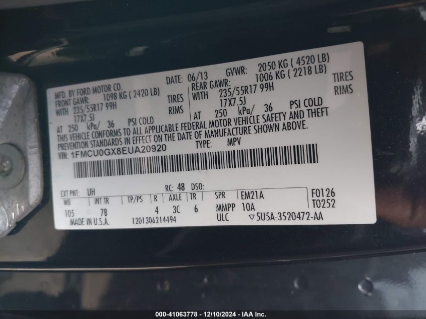 VIN 1FMCU0GX8EUA20920 2014 Ford Escape, SE no.9