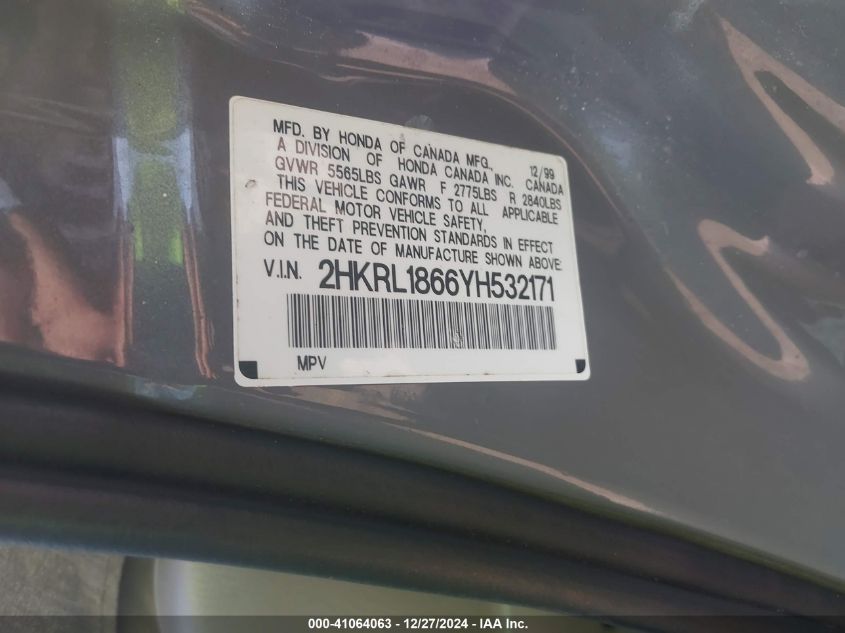 2000 Honda Odyssey Ex VIN: 2HKRL1866YH532171 Lot: 41064063