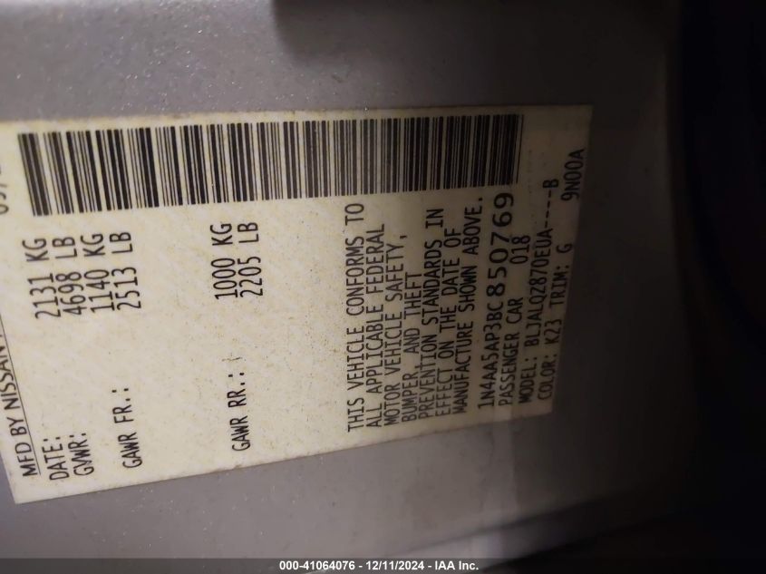 2011 Nissan Maxima 3.5 S/3.5 Sv VIN: 1N4AA5AP3BL850769 Lot: 41064076