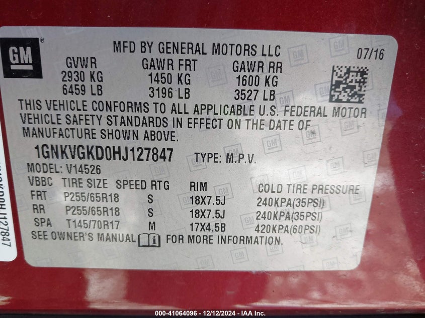 2017 CHEVROLET TRAVERSE LT - 1GNKVGKD0HJ127847