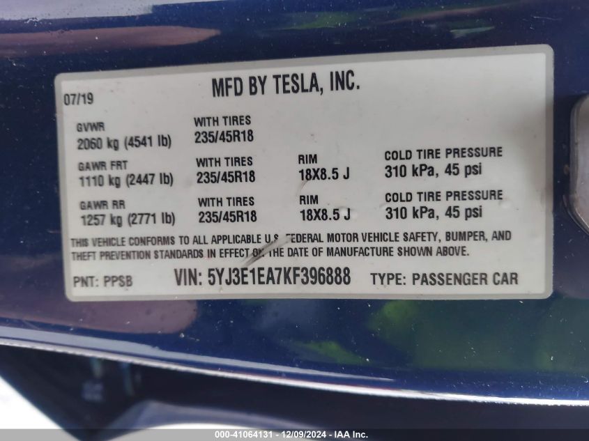 2019 Tesla Model 3 Long Range/Mid Range/Standard Range/Standard Range Plus VIN: 5YJ3E1EA7KF396888 Lot: 41064131