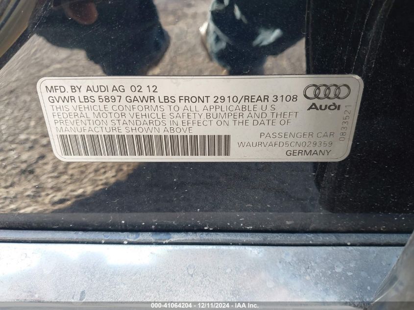2012 Audi A8 L 4.2 VIN: WAURVAFD5CN029359 Lot: 41064204