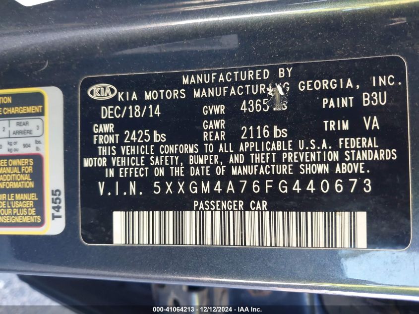 VIN 5XXGM4A76FG440673 2015 KIA OPTIMA no.9