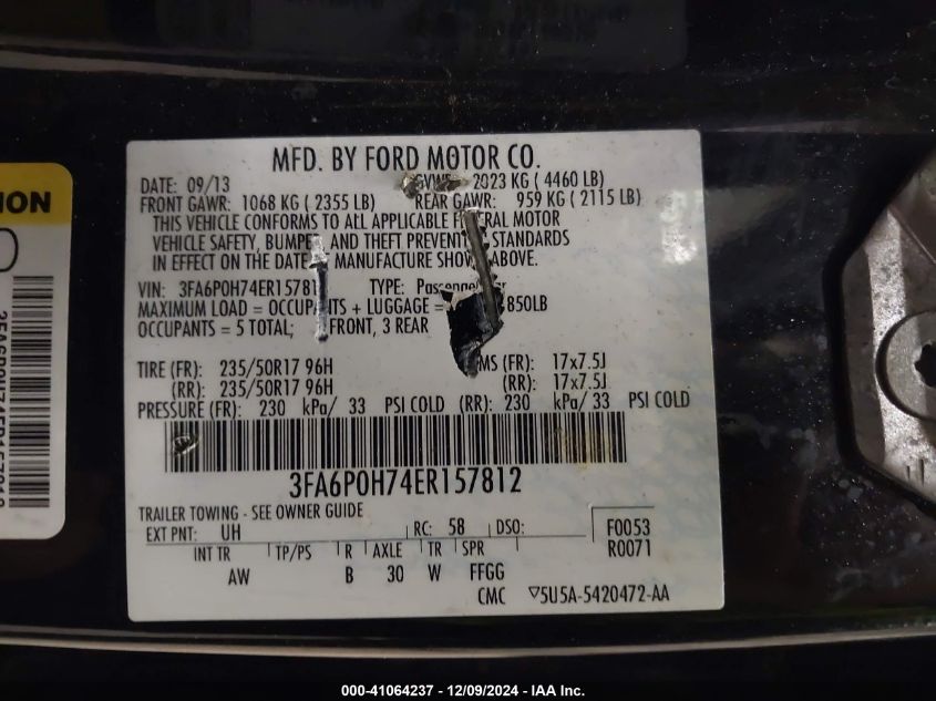 VIN 3FA6P0H74ER157812 2014 FORD FUSION no.9