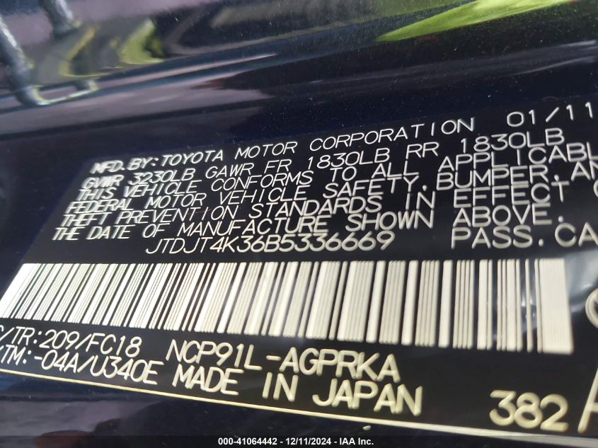 2011 TOYOTA YARIS VIN: JTDJT4K36B5336669