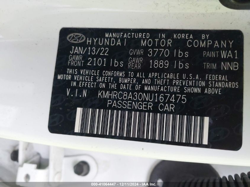 2022 Hyundai Venue Limited VIN: KMHRC8A30NU167475 Lot: 41064447