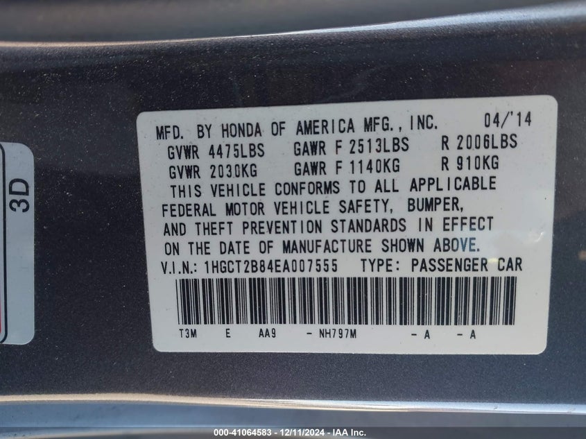 2014 HONDA ACCORD VIN: 1HGCT2B84EA007555