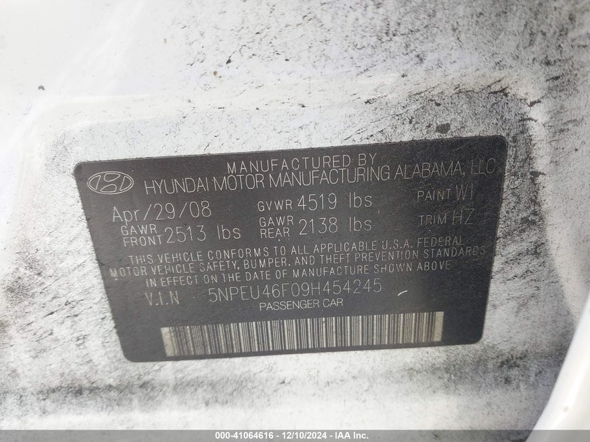 2009 HYUNDAI SONATA VIN: 5NPEU46F09H454245